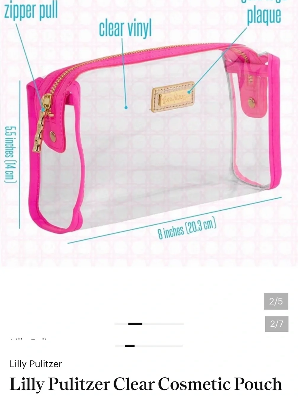 Lilly Pulitzer clear cosmetic pouch with light blue trim